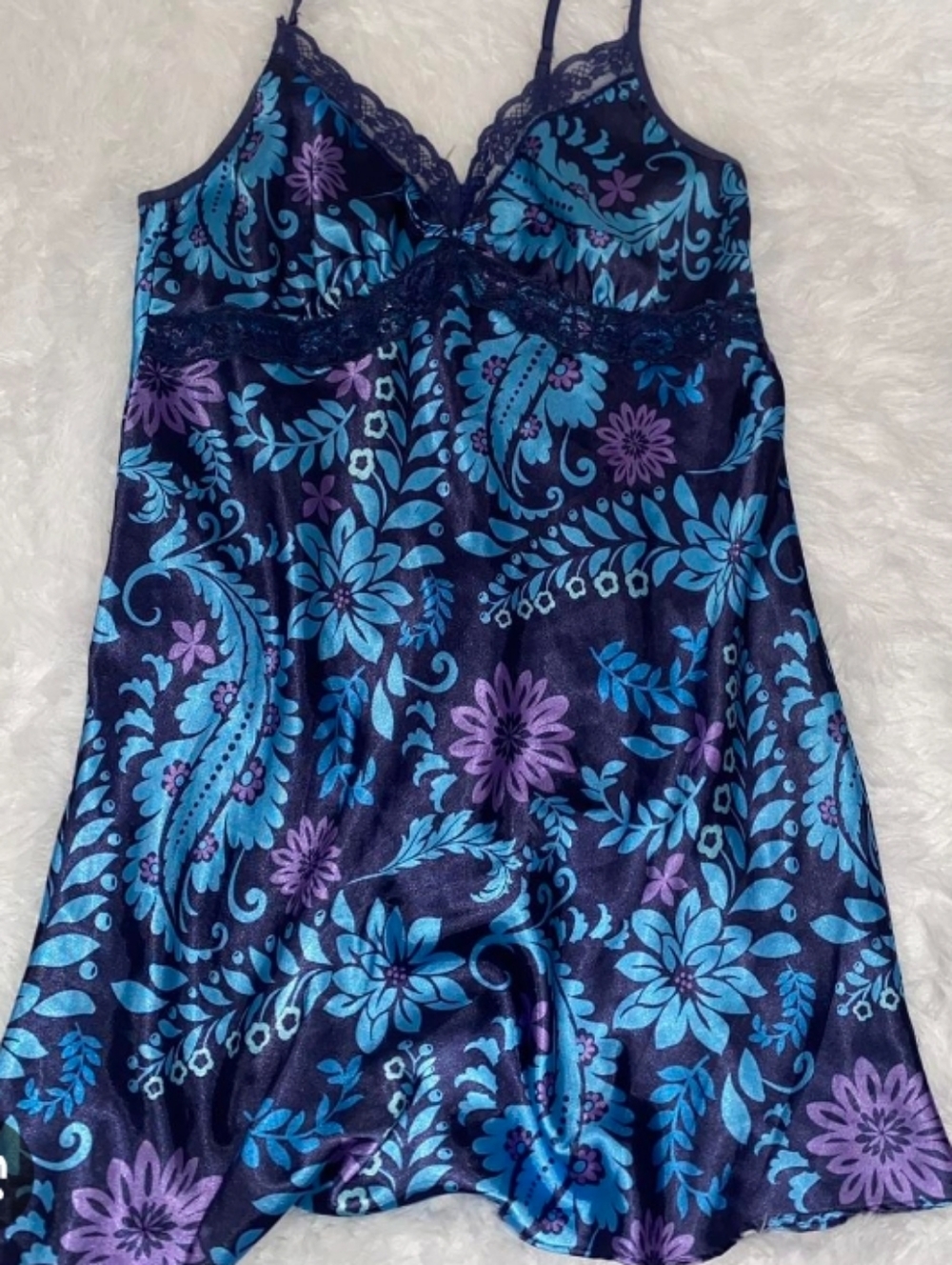 Apt. 9 Floral Satin Chemise Slip Dress S Purple Blue Lace Trim V-Neck Adjustable